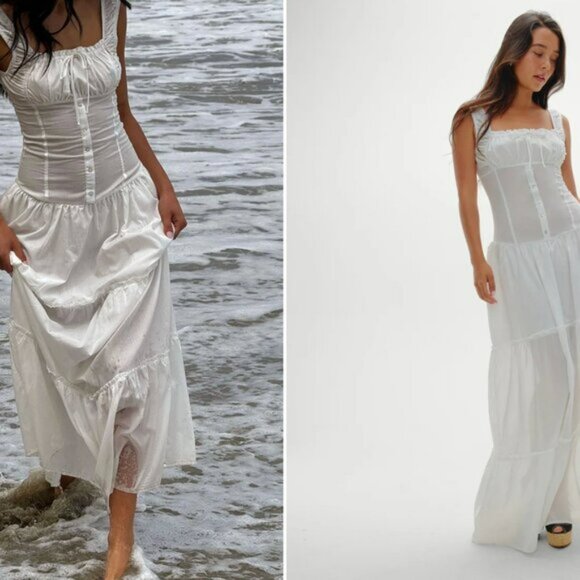 Frankie's Bikinis Christabelle Ruffle Maxi Dress in Sunrose White Large $170 - Picture 2 of 11
